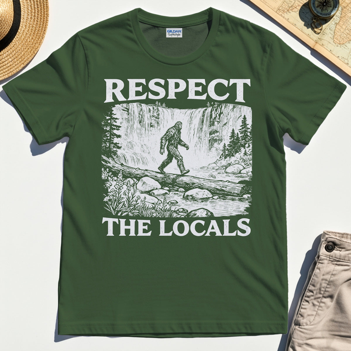 Bigfoot Respect The Locals Shirt, Vintage Waterfall Hiking Graphic Tee for Camper And Adventurers 2