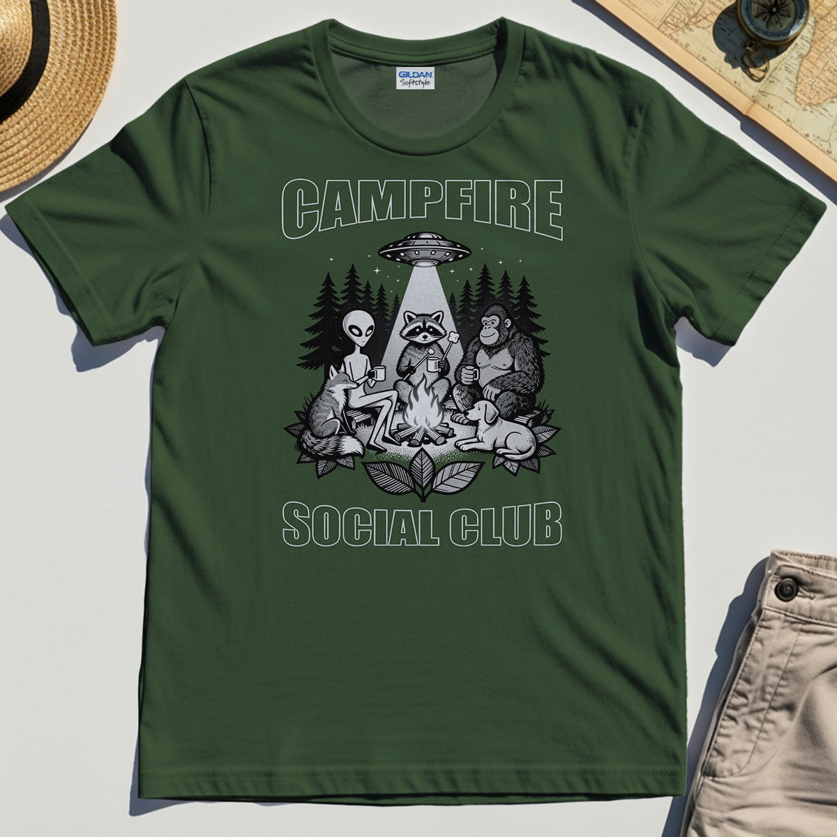 Campfire Social Club With Alien, Bigfoot, UFO And Raccoon T-Shirt 3