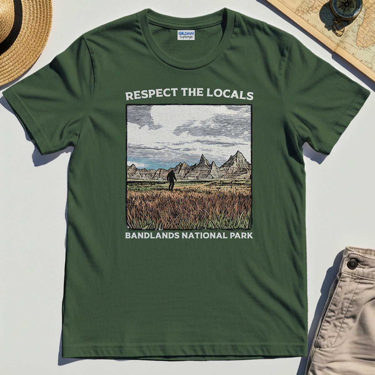 Sasquatch Respect The Locals T-Shirt, Bigfoot Hiking Through Badlands National Park Shirt 2