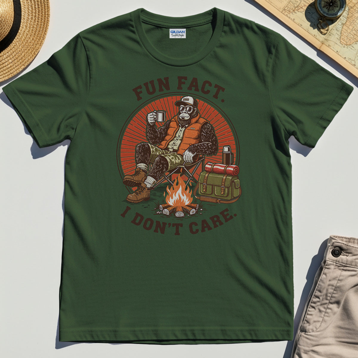 Funny Bigfoot Camping T-Shirt, "Fun Fact I Don’t Care” 1