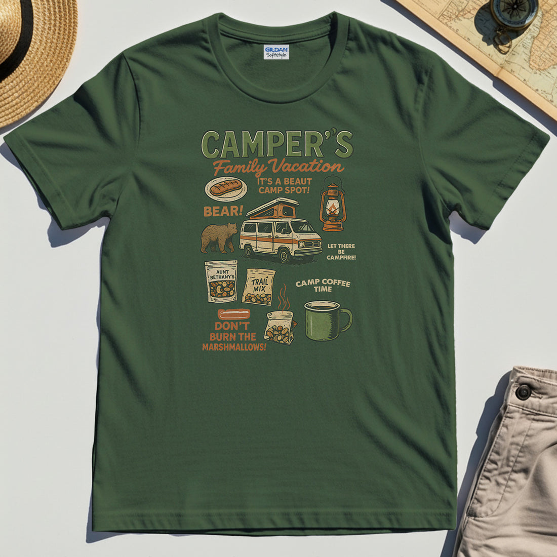 Camper’s Family Vacation T-Shirt, Funny Outdoor Campfire Coffee Trail Mix Adventure Tee 1