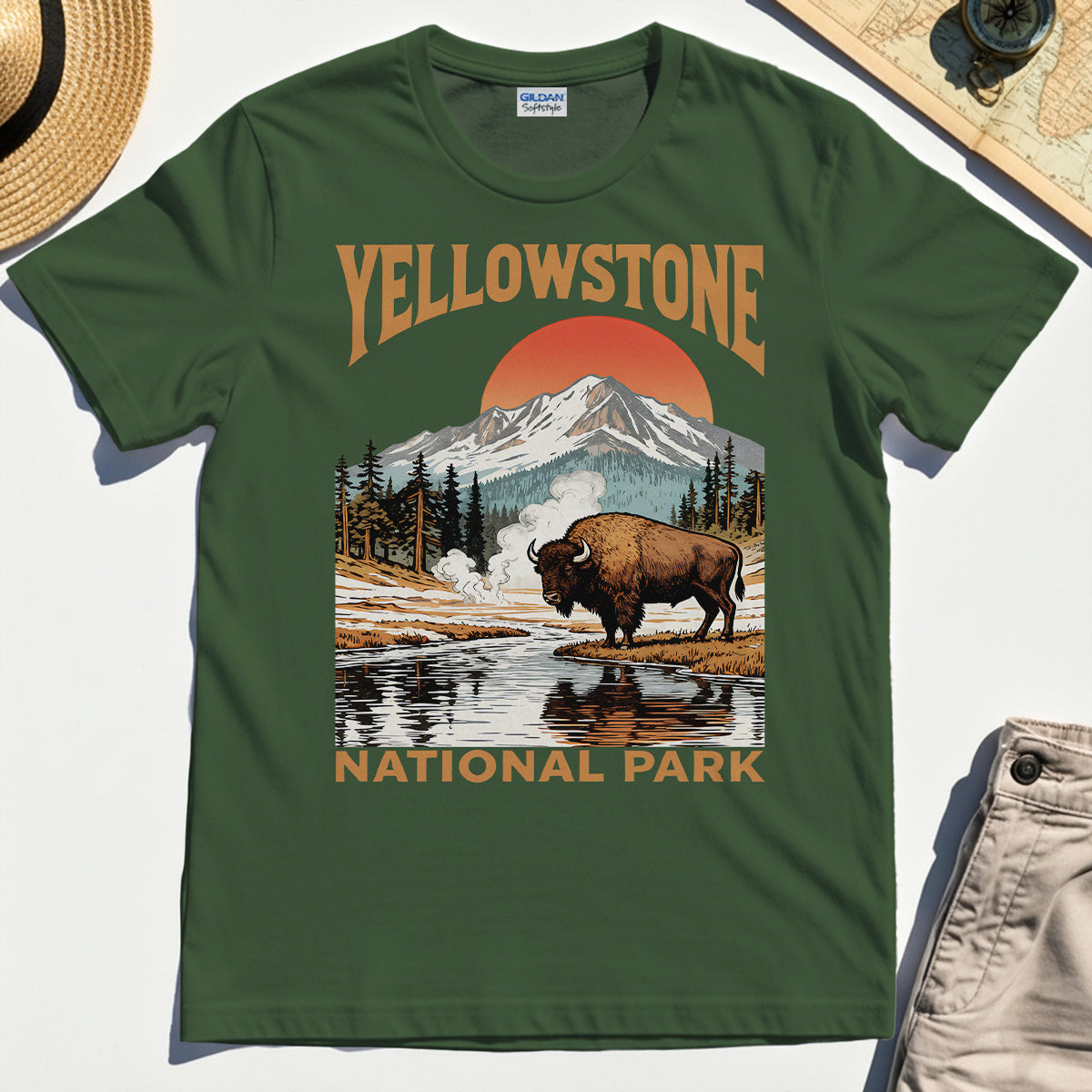 Yellowstone National Park T-Shirt, Vintage Bison Sunset Mountain Shirt For Campers 3
