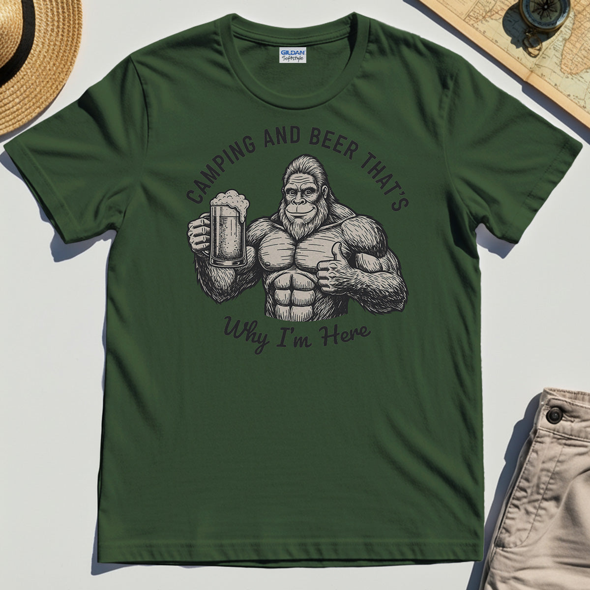 "Camping and Beer That’s Why I’m Here" Funny Bigfoot Camping T-Shirt 3