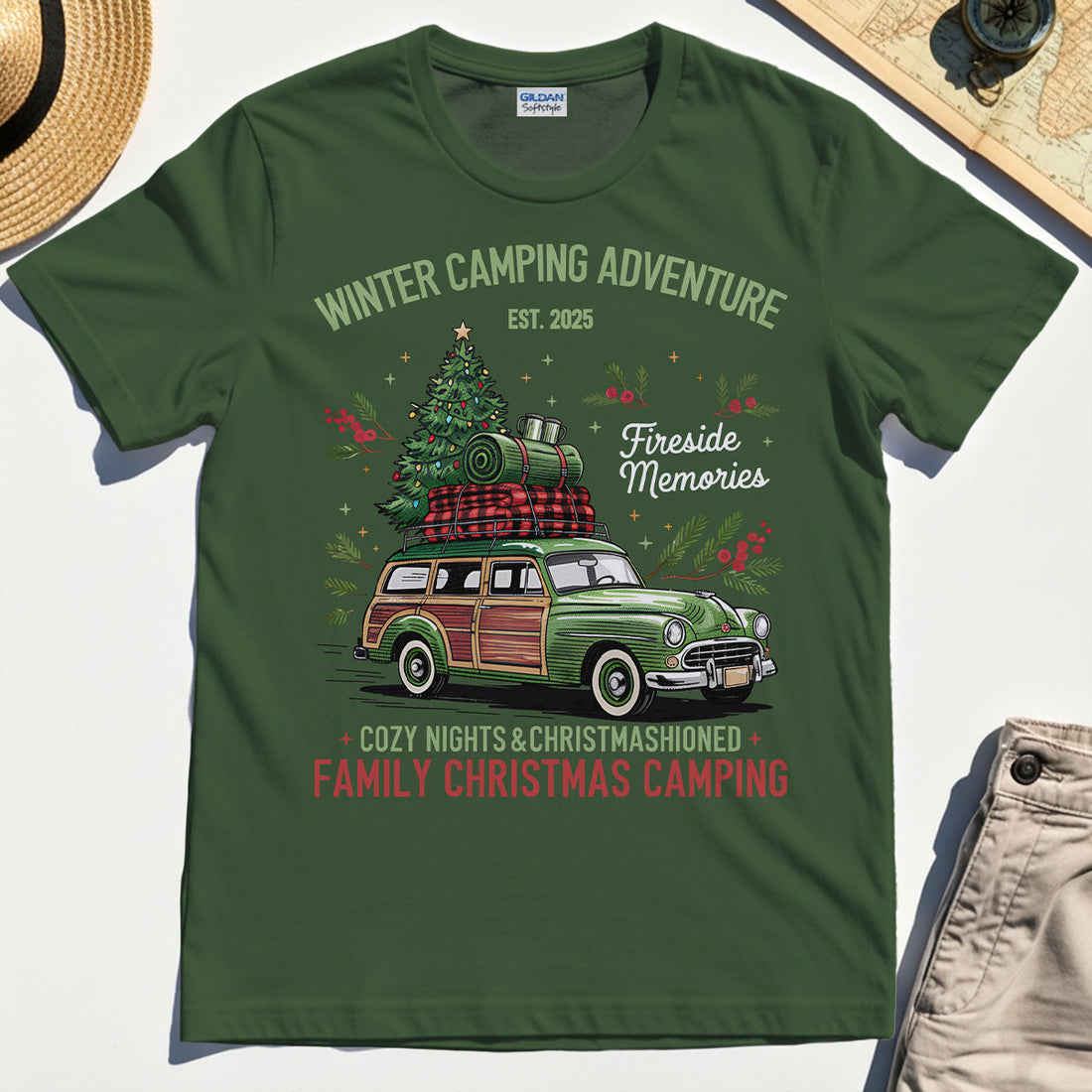 Winter Camping Adventure T-Shirt, Retro Car with Tree Family Christmas Camping Shirt 1
