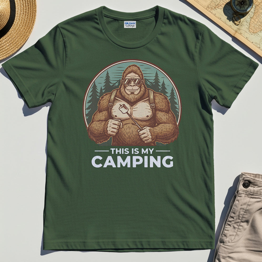 Funny Bigfoot Camping T-Shirt "This Is My Camping”, Sasquatch With Marshmallow Tee 1