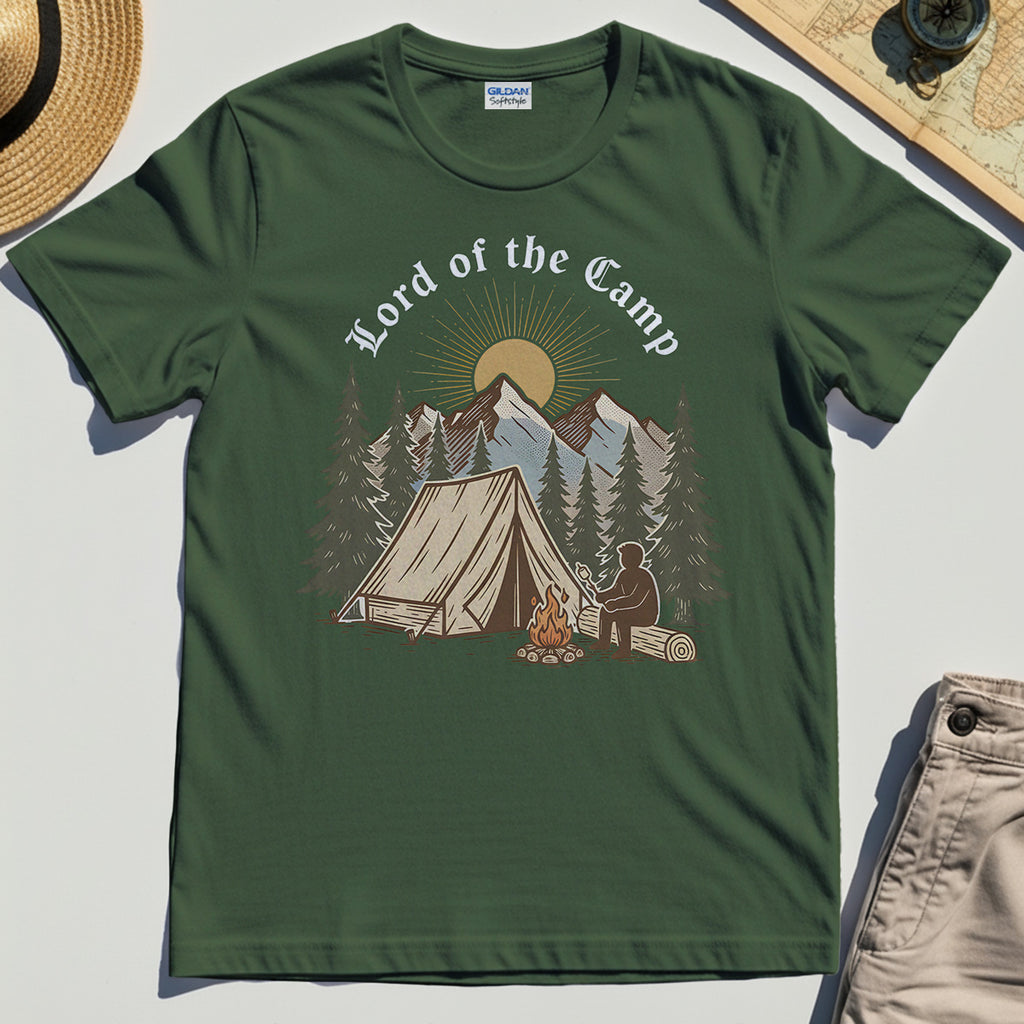 Vintage Lord of the Camp Campfire T-Shirt, Tent And Campfire Mountain Scene Shirt 2