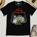 Funny Merry Christmas Camping T-Shirt, Retro Camper Van Snowman Campfire Tee for Outdoor Lovers 1