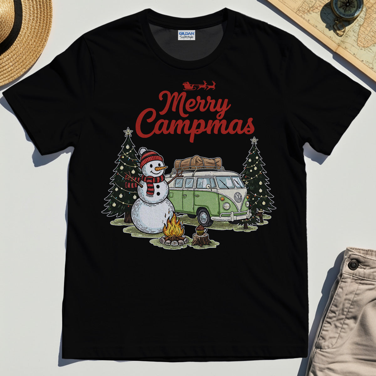 Funny Merry Christmas Camping T-Shirt, Retro Camper Van Snowman Campfire Tee for Outdoor Lovers 1