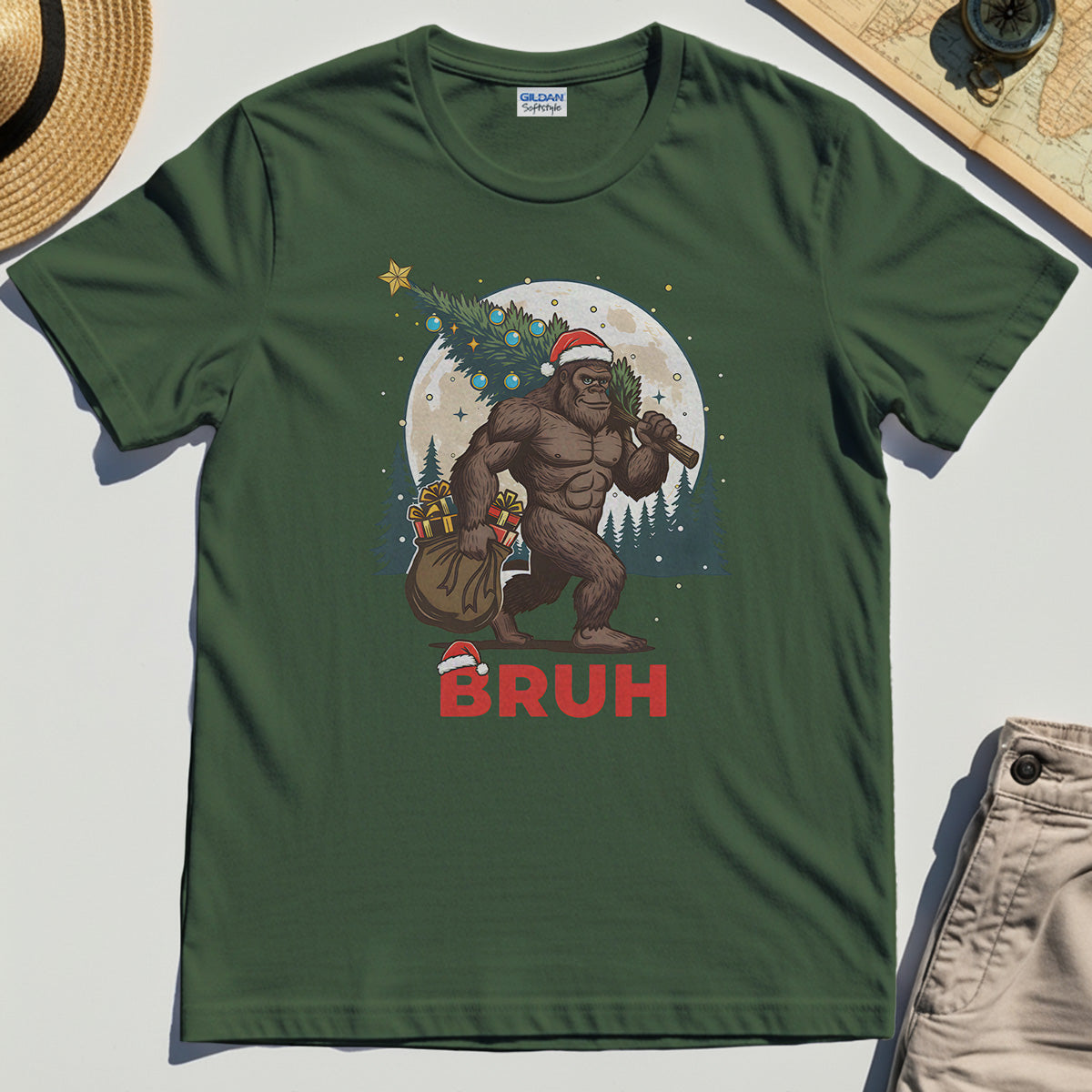 Bigfoot Christmas "BRUH" T-Shirt, Retro Santa Hat Sasquatch Carrying Christmas Tree Shirt 3