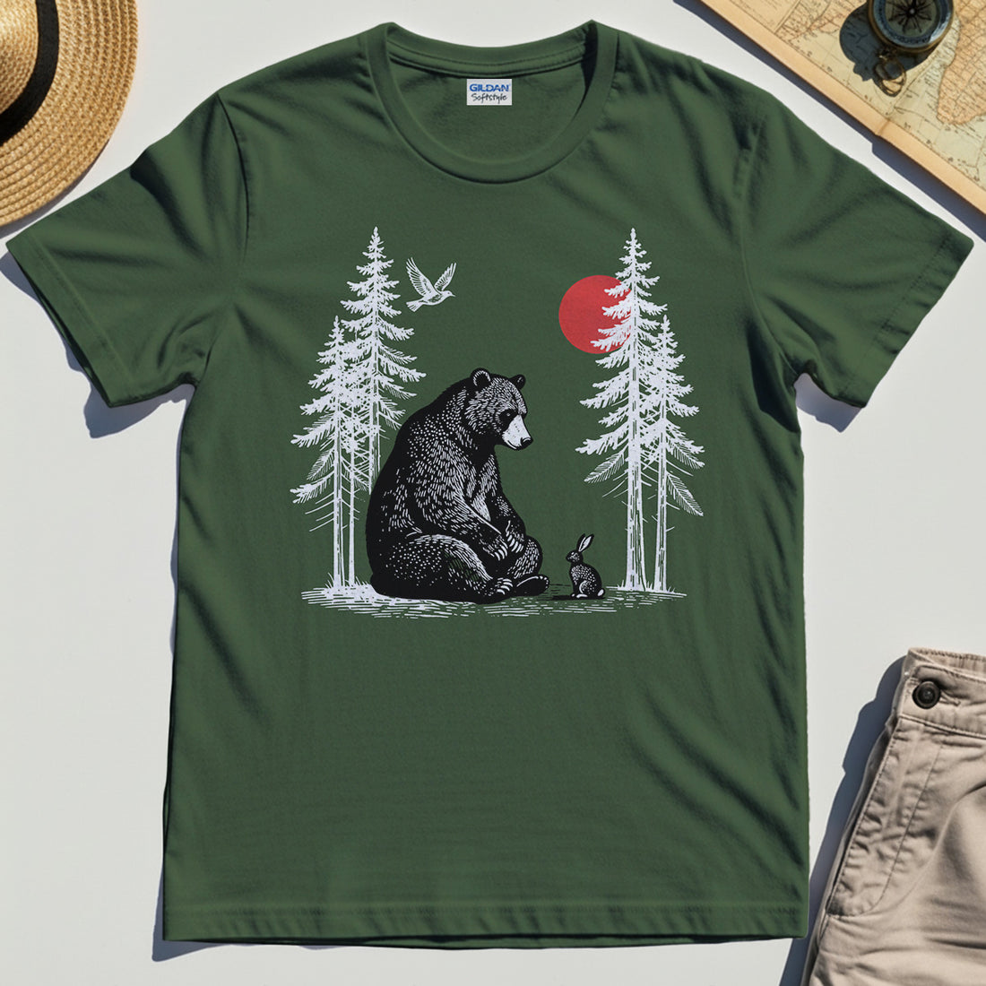Bear and Bunny Under Red Sun Shirt, Vintage Forest Nature Graphic Tee, Wildlife Art T-Shirt For Outdoor Lovers 1