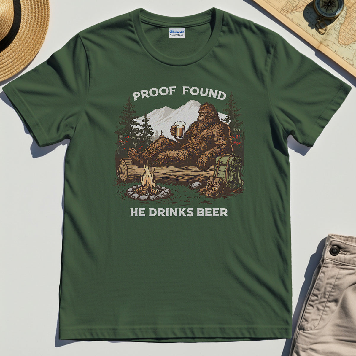 Funny Bigfoot "Proof Found He Drinks Beer" Camping T-Shirt, Sasquatch Beer Lover T-Shirt For Campers 3