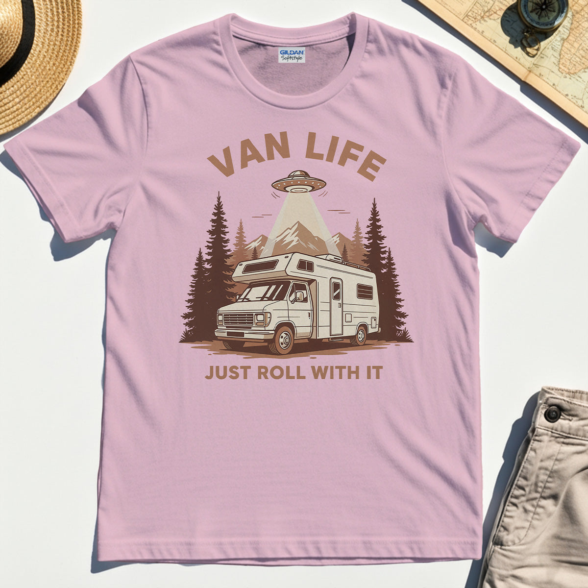 Just Roll With It T-Shirt, Retro Camper Van Adventure Shirt For Camping Lovers 5