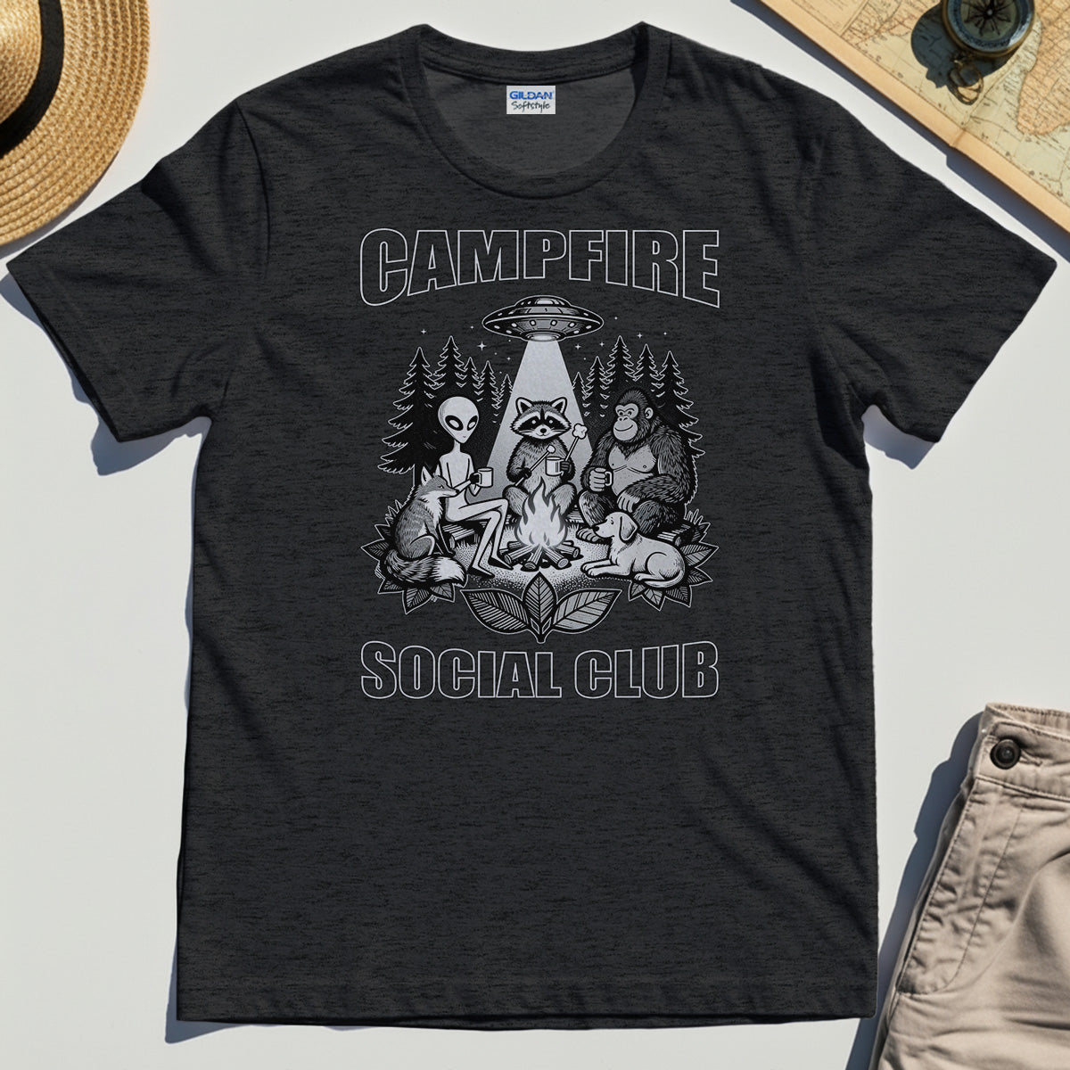 Campfire Social Club With Alien, Bigfoot, UFO And Raccoon T-Shirt 4