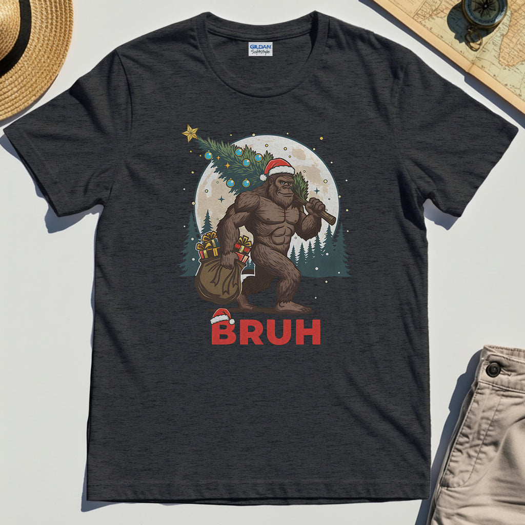Bigfoot Christmas "BRUH" T-Shirt, Retro Santa Hat Sasquatch Carrying Christmas Tree Shirt 1