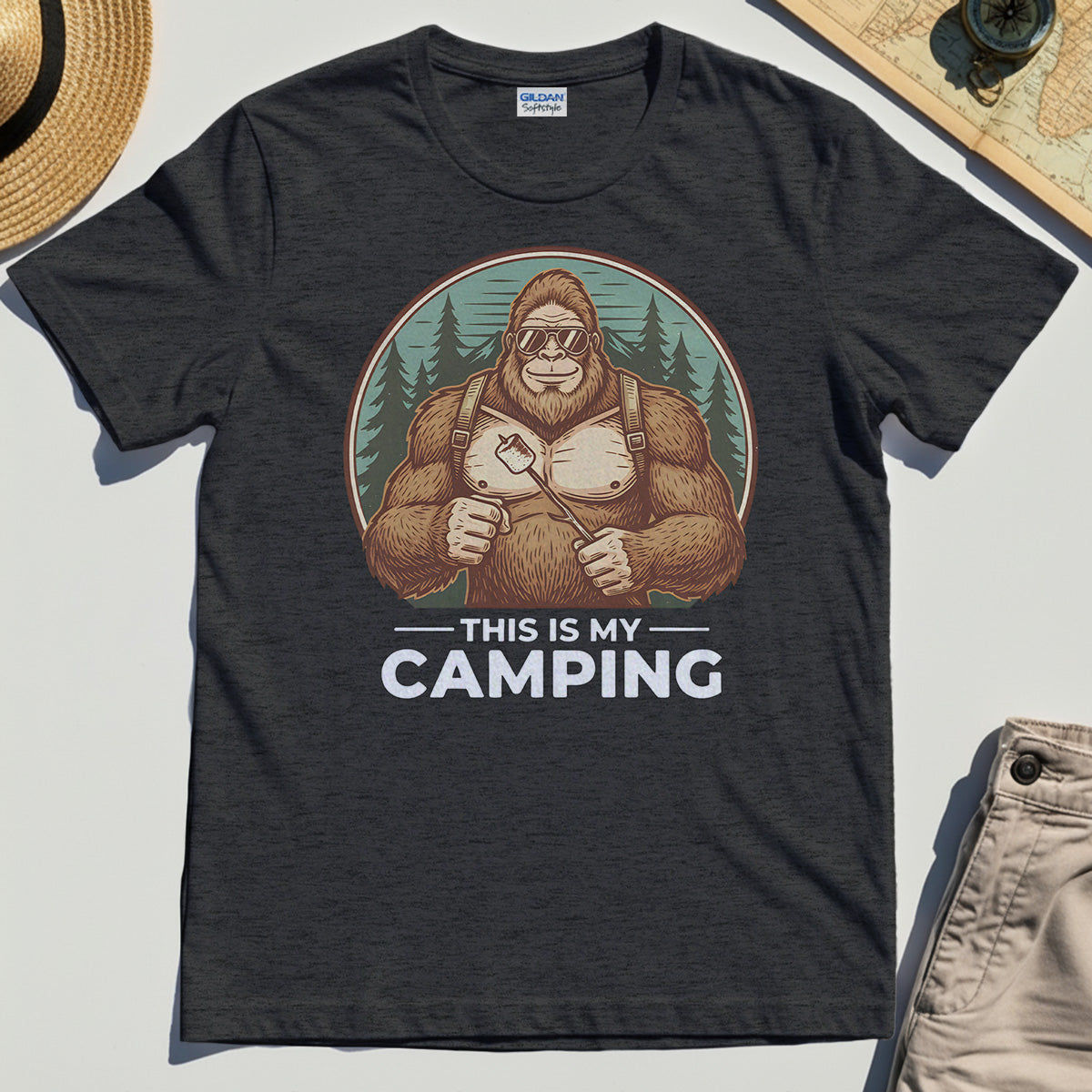 Funny Bigfoot Camping T-Shirt "This Is My Camping”, Sasquatch With Marshmallow Tee 3