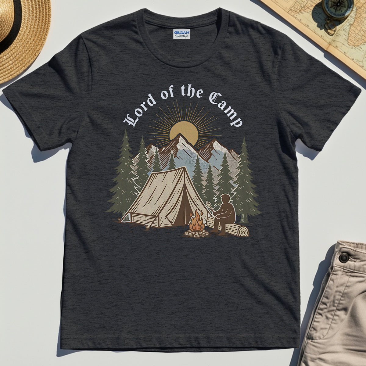 Vintage Lord of the Camp Campfire T-Shirt, Tent And Campfire Mountain Scene Shirt 3