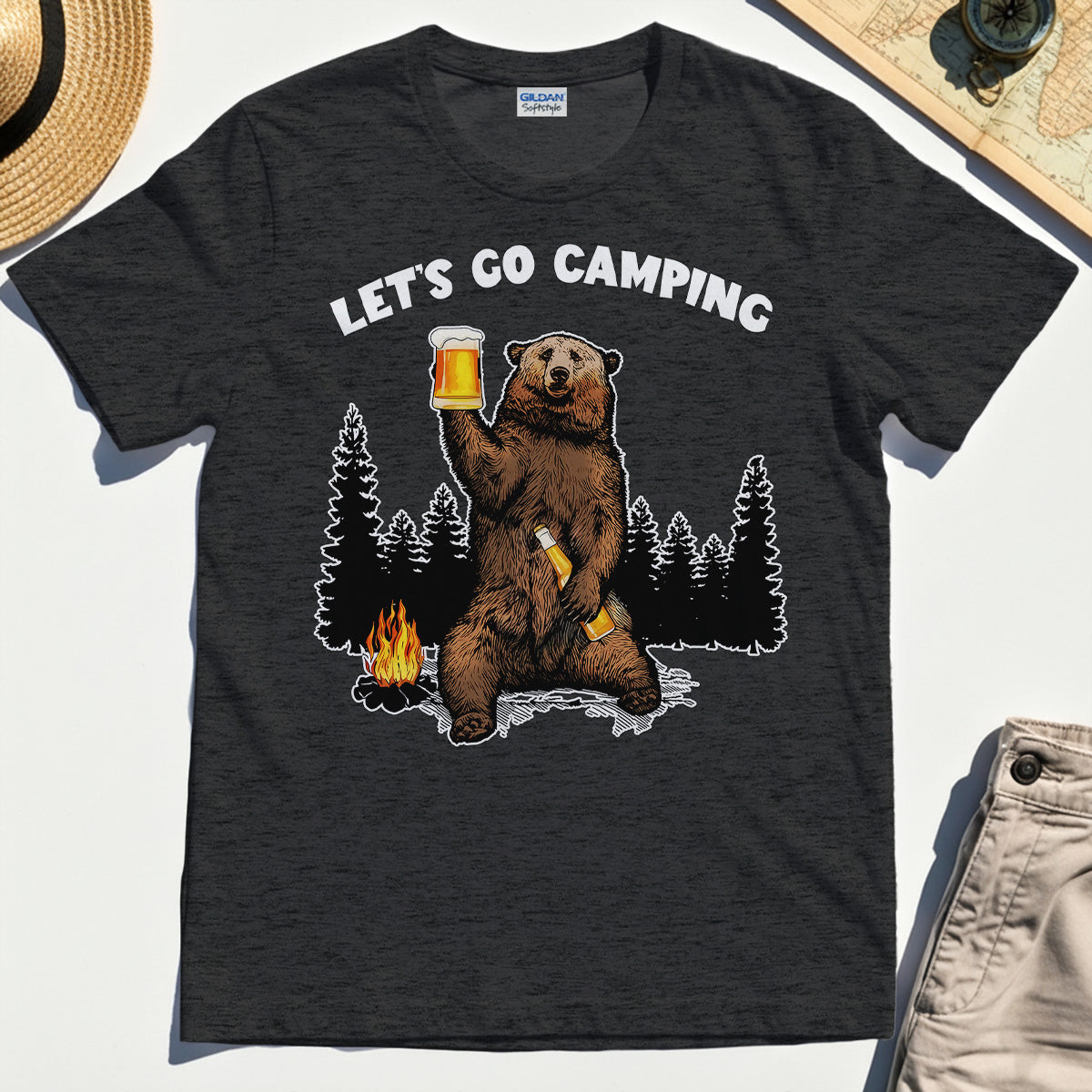 Let’s Go Camping Shirt, Funny Beer Drinking Bear Graphic Tee For Outdoor & Camping Lovers 3
