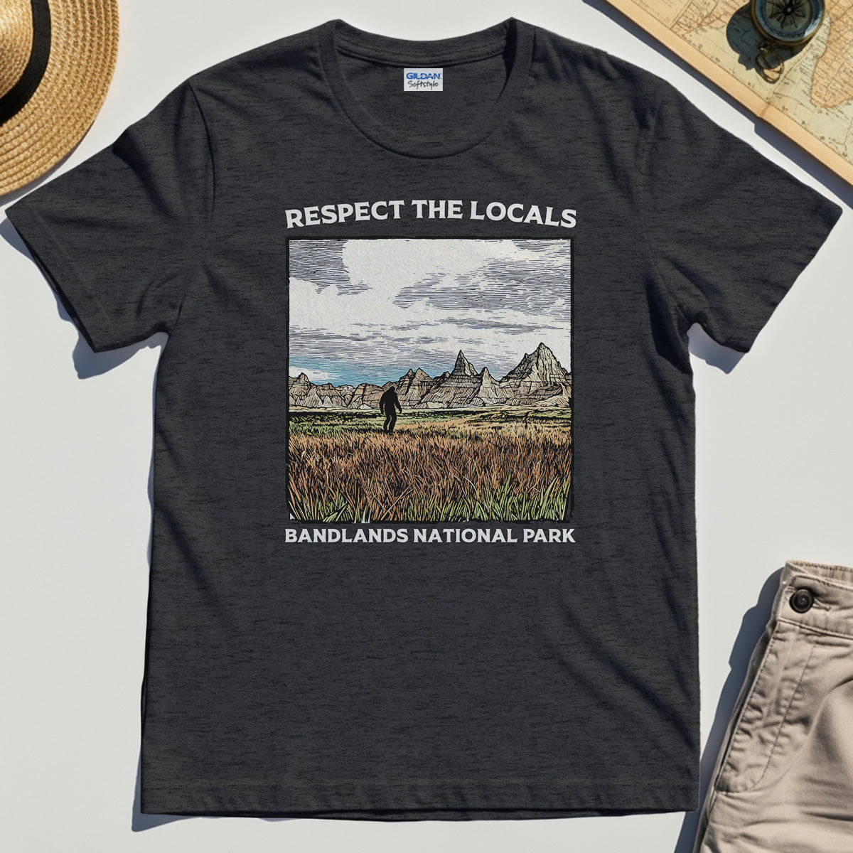 Sasquatch Respect The Locals T-Shirt, Bigfoot Hiking Through Badlands National Park Shirt 3