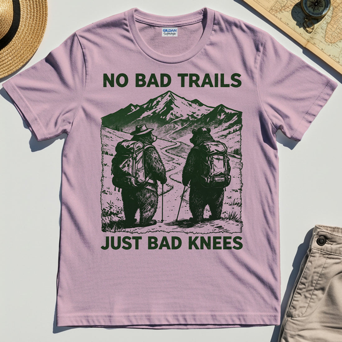 No Bad Trails Just Bad Knees T-Shirt, Vintage Bear Backpacking Shirt for Campers and Outdoor Enthusiasts 1