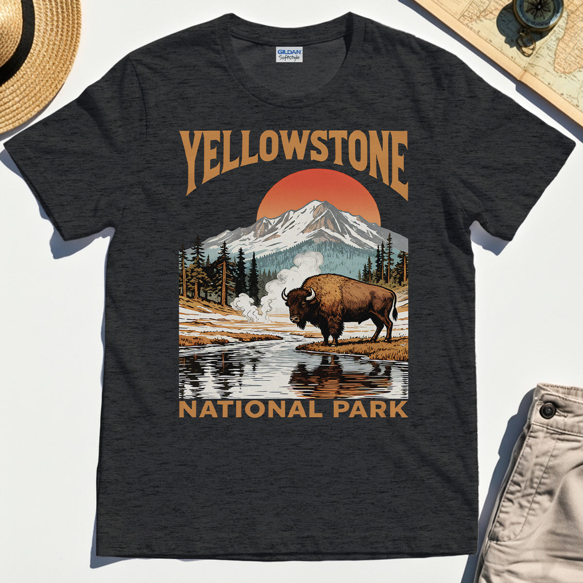 Yellowstone National Park T-Shirt, Vintage Bison Sunset Mountain Shirt For Campers 4