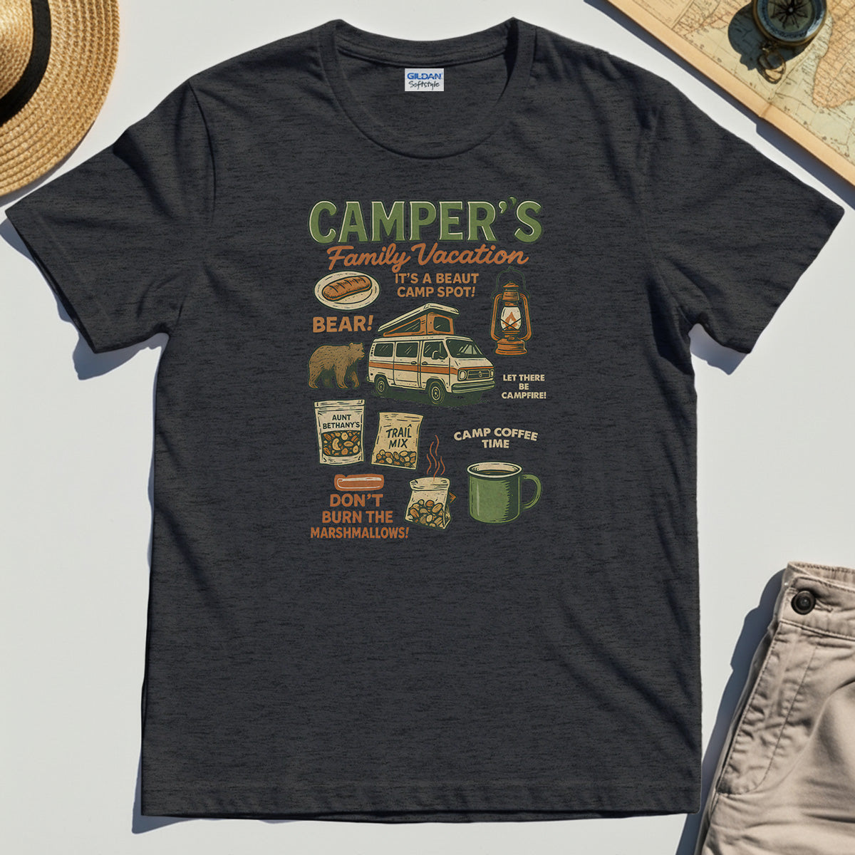 Camper’s Family Vacation T-Shirt, Funny Outdoor Campfire Coffee Trail Mix Adventure Tee 3