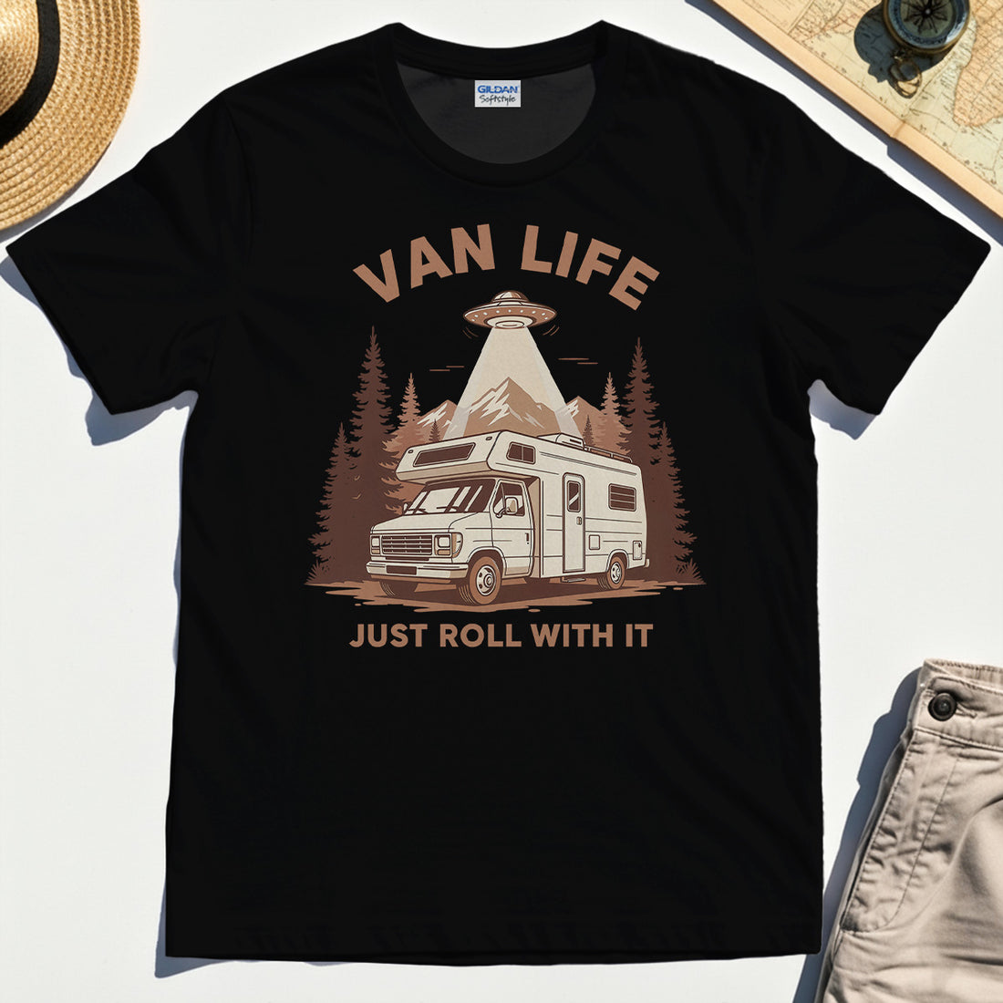 Just Roll With It T-Shirt, Retro Camper Van Adventure Shirt For Camping Lovers 1