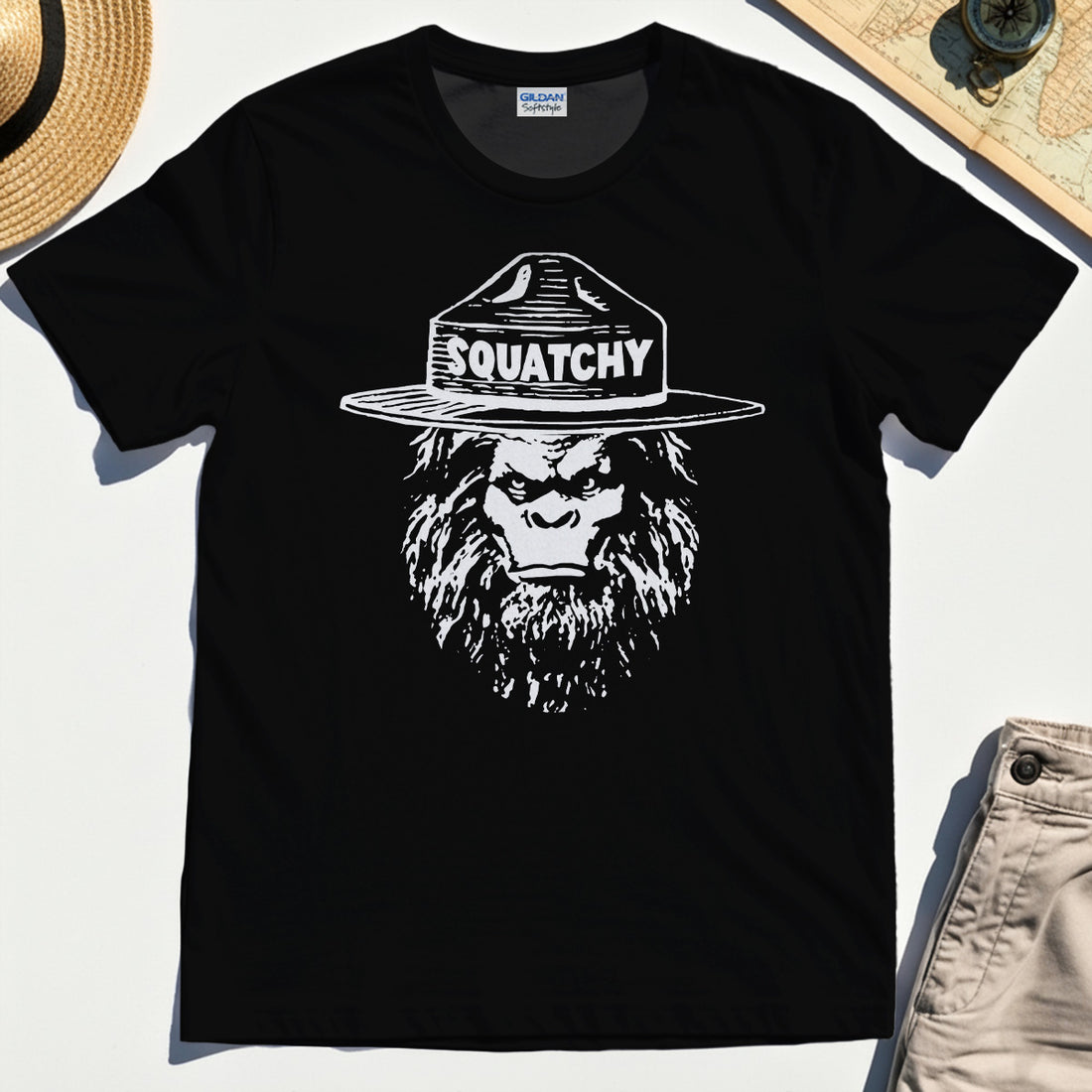 Sasquatch "SQUATCHY" Funny Bigfoot Tee, Retro Line Art Bigfoot Face Tee For Camping Lovers 1