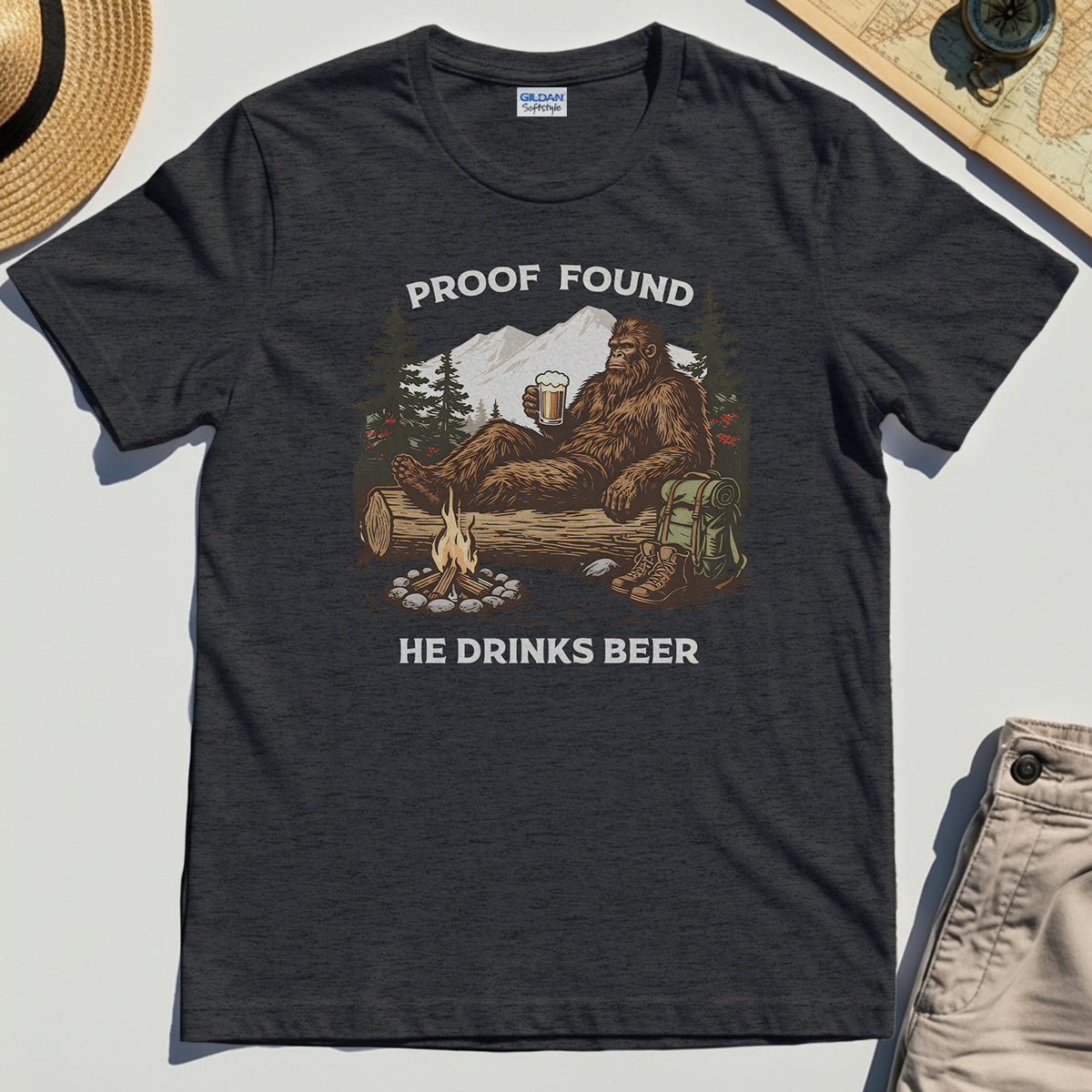 Funny Bigfoot "Proof Found He Drinks Beer" Camping T-Shirt, Sasquatch Beer Lover T-Shirt For Campers 1