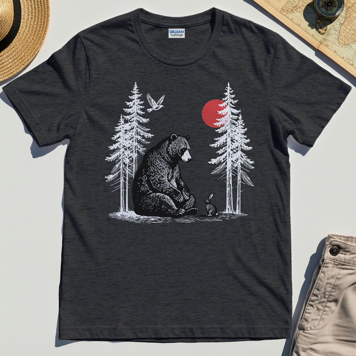 Bear and Bunny Under Red Sun Shirt, Vintage Forest Nature Graphic Tee, Wildlife Art T-Shirt For Outdoor Lovers 3