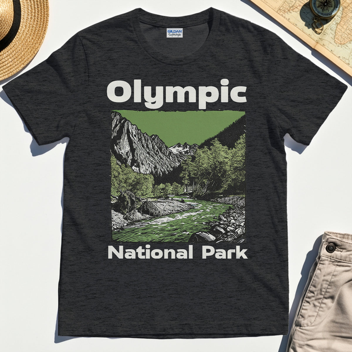 Olympic National Park Shirt, Vintage Mountain River Scene Tee For Outdoor Adventure Campers 3