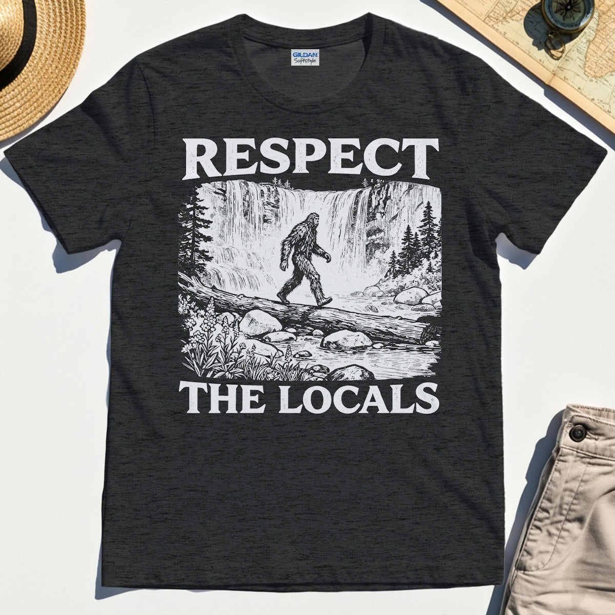 Bigfoot Respect The Locals Shirt, Vintage Waterfall Hiking Graphic Tee for Camper And Adventurers 3