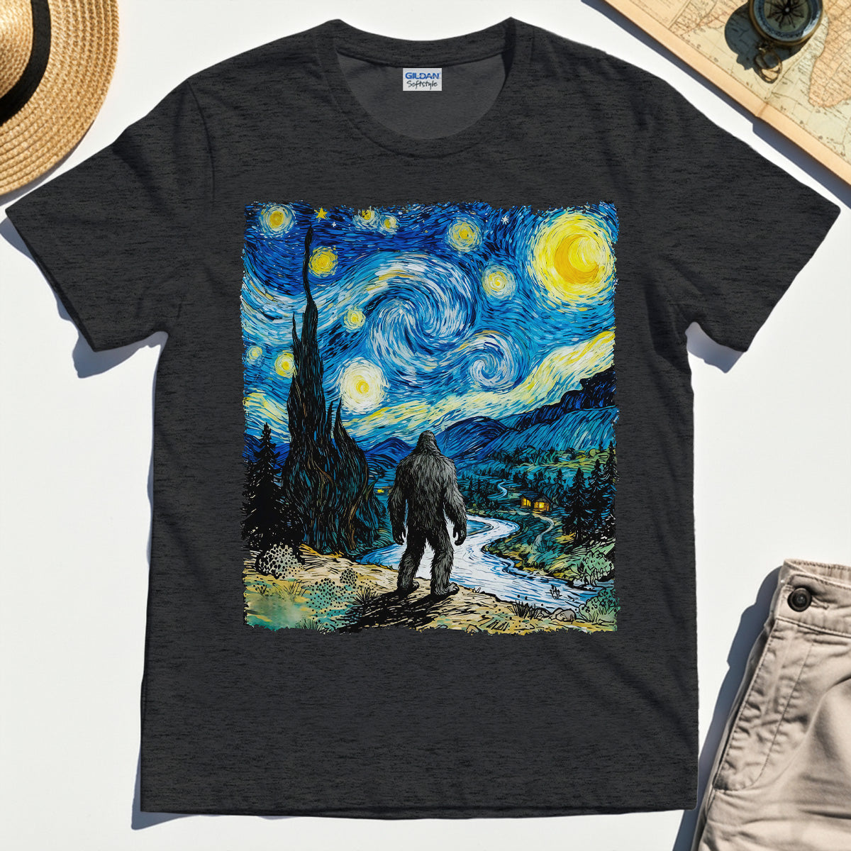 Funny Sasquatch Van Gogh Parody Tee, Bigfoot Starry Night T-Shirt 3