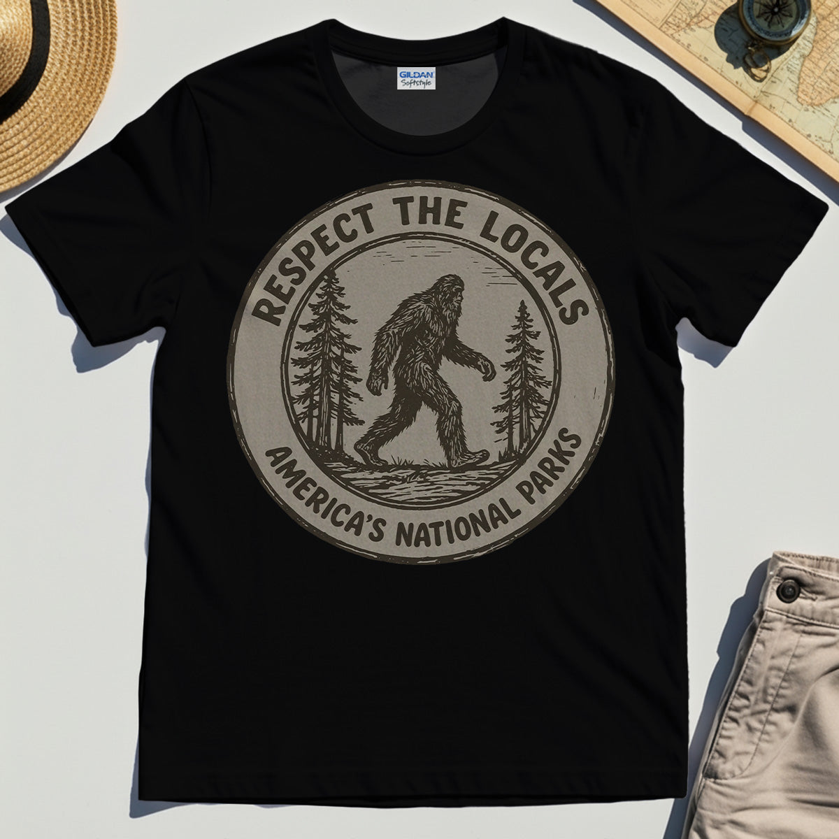 Retro Respect the Locals Bigfoot T-Shirt, Funny Sasquatch National Park Camping Tee 3
