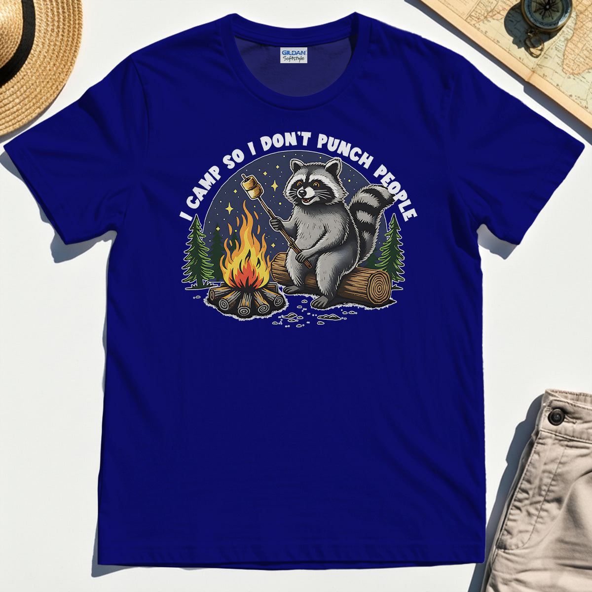 I Camp So I Don’t Punch People Shirt, Funny Raccoon Marshmallow Campfire Tee 6