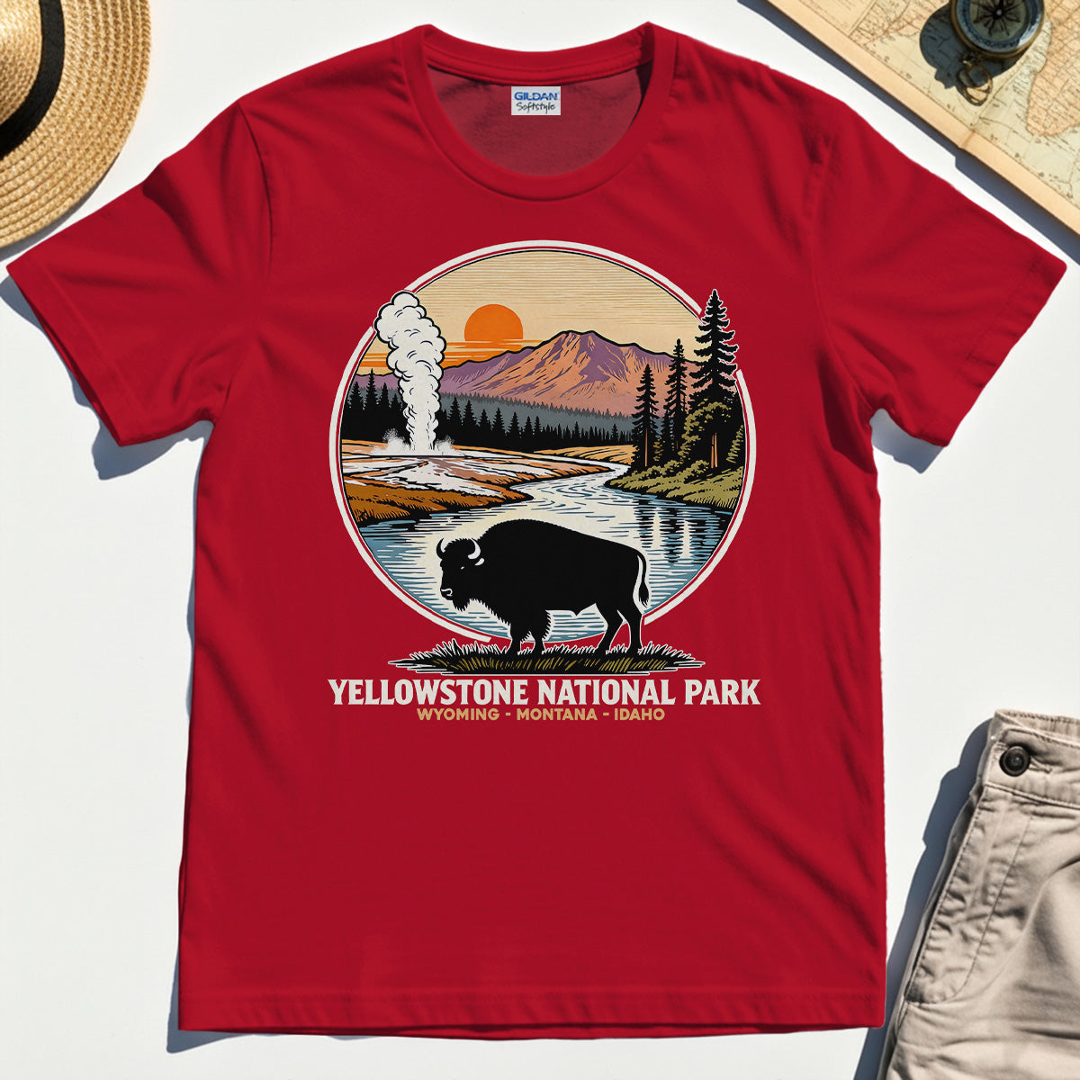 Retro Yellowstone National Park T-Shirt, Bison Silhouette Outdoor Adventure Tee For Nature Campers 7