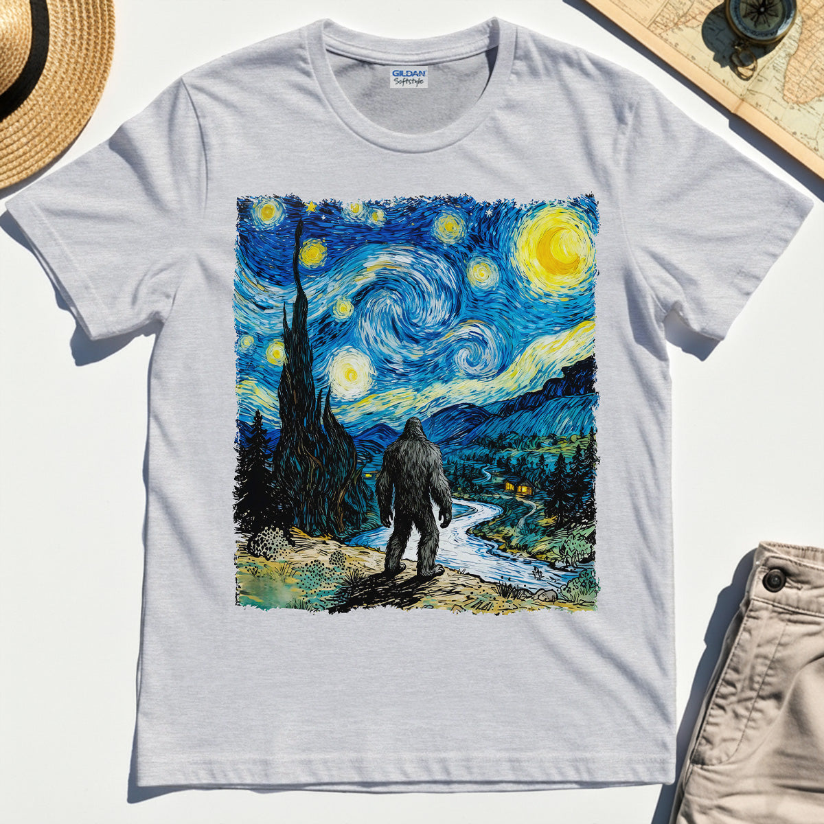 Funny Sasquatch Van Gogh Parody Tee, Bigfoot Starry Night T-Shirt 4