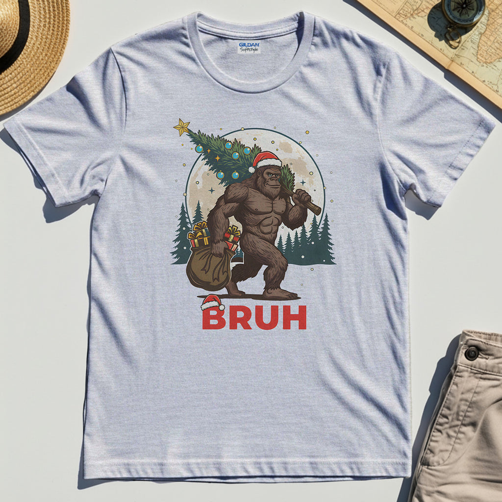 Bigfoot Christmas "BRUH" T-Shirt, Retro Santa Hat Sasquatch Carrying Christmas Tree Shirt 4