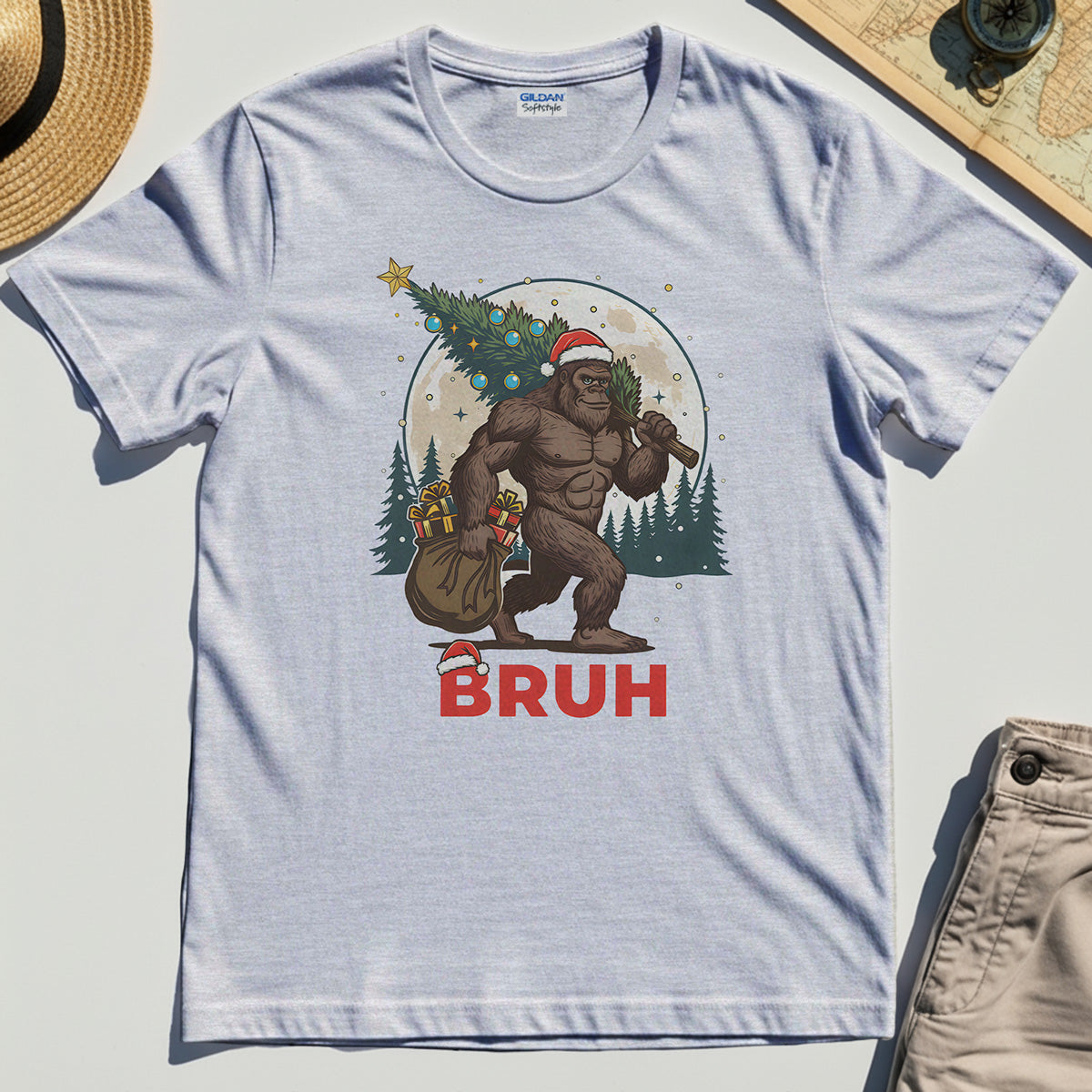 Bigfoot Christmas "BRUH" T-Shirt, Retro Santa Hat Sasquatch Carrying Christmas Tree Shirt 4