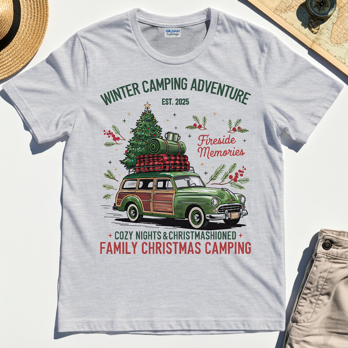 Winter Camping Adventure T-Shirt, Retro Car with Tree Family Christmas Camping Shirt 4