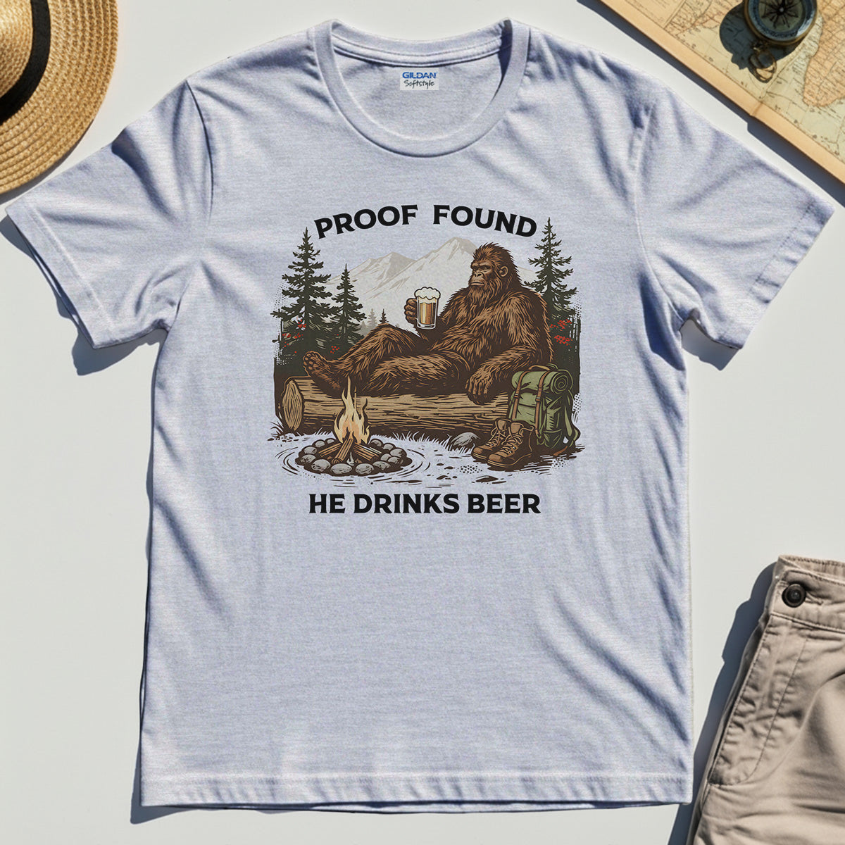 Funny Bigfoot "Proof Found He Drinks Beer" Camping T-Shirt, Sasquatch Beer Lover T-Shirt For Campers 4