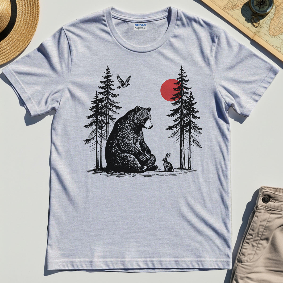Bear and Bunny Under Red Sun Shirt, Vintage Forest Nature Graphic Tee, Wildlife Art T-Shirt For Outdoor Lovers 4