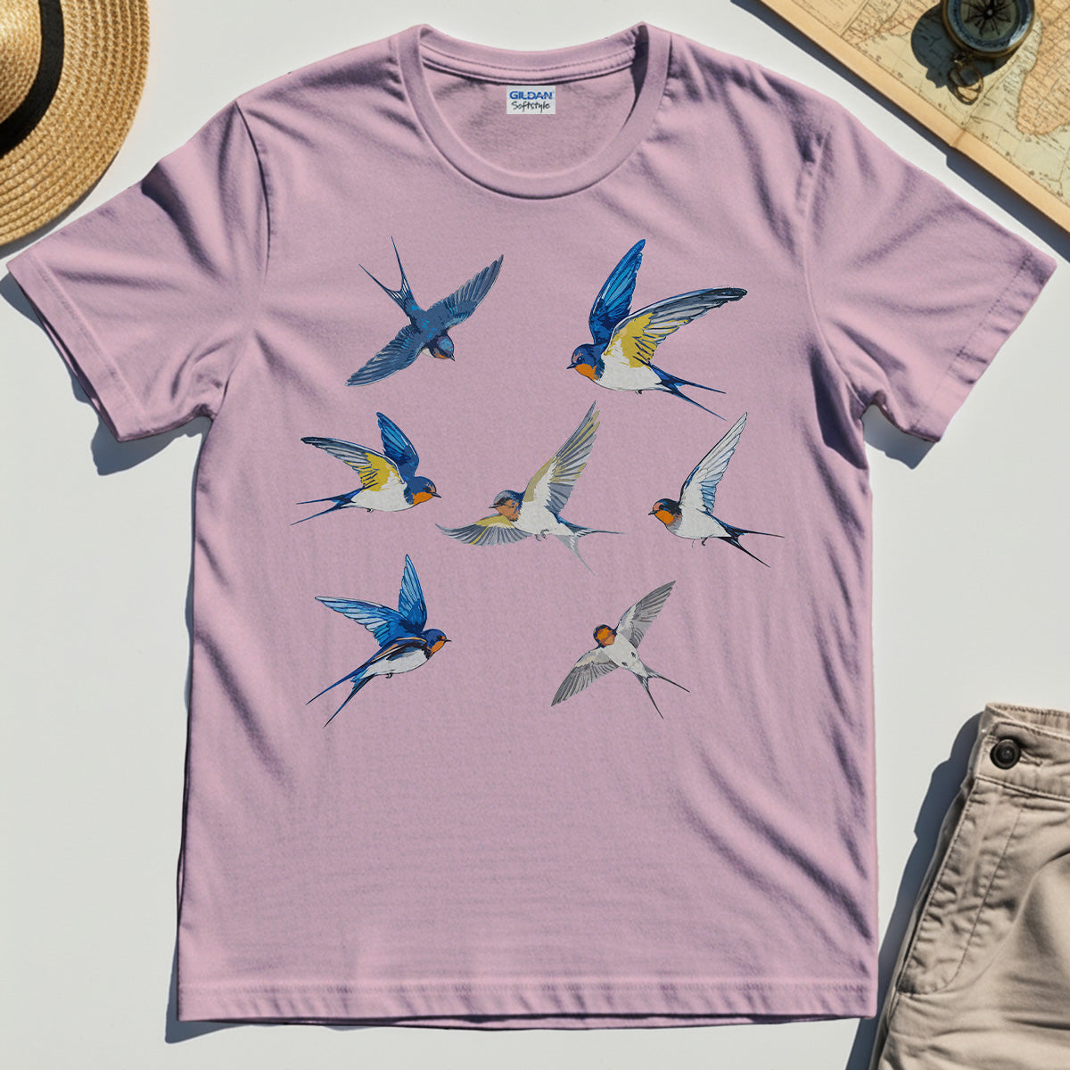Elegant Flying Swallows Shirt, Minimalist Wildlife Camping Graphic Shirt Gift For Nature Campers 3