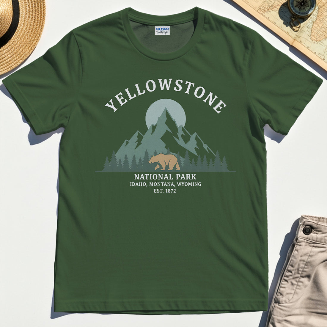 Yellowstone National Park T-Shirt, Bear & Pines Mountain Graphic Tee 1