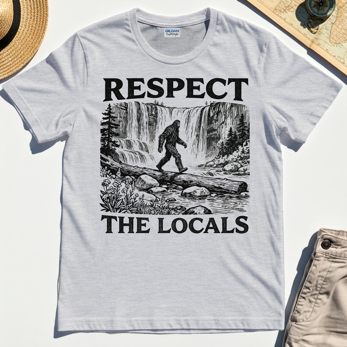 Bigfoot Respect The Locals Shirt, Vintage Waterfall Hiking Graphic Tee for Camper And Adventurers 4