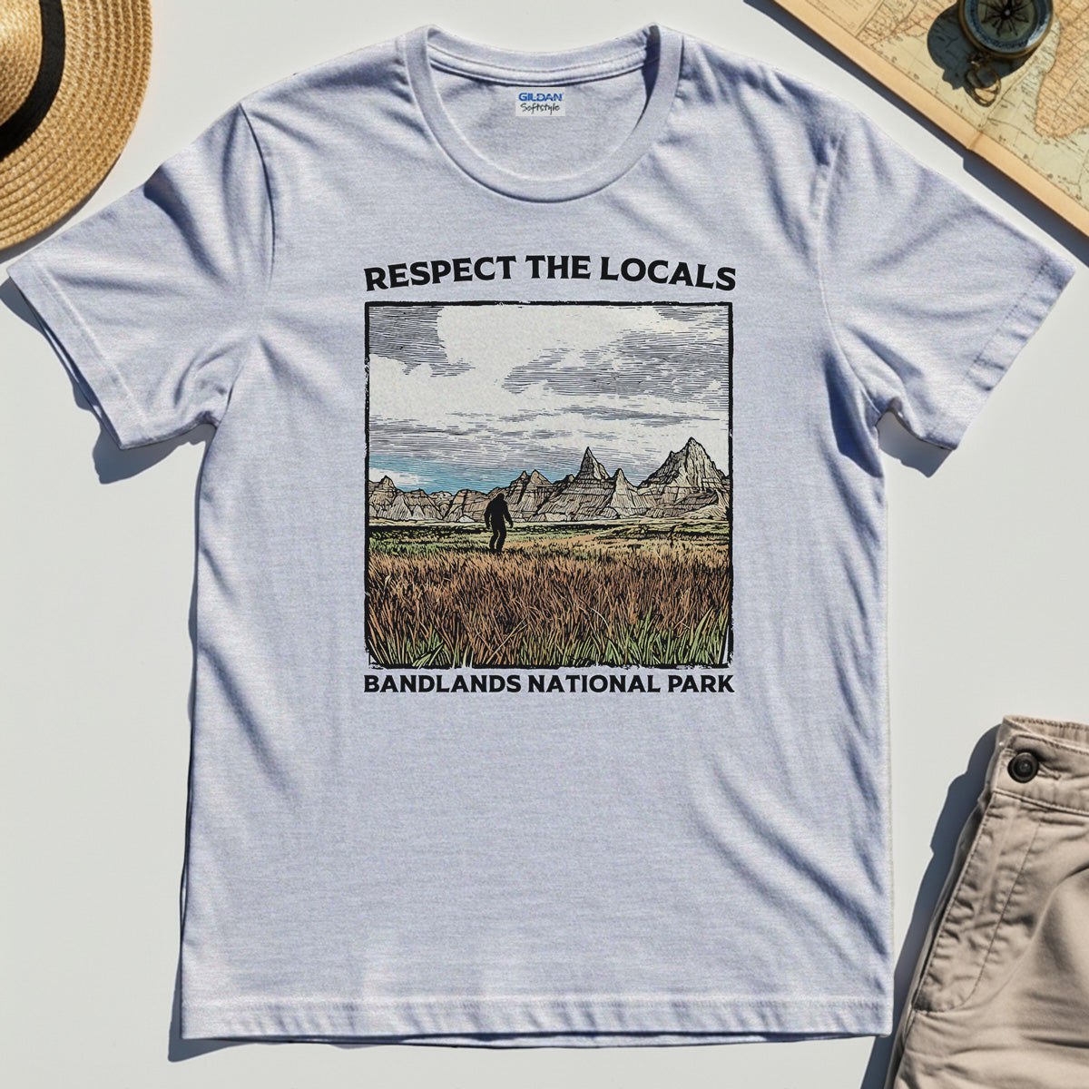 Sasquatch Respect The Locals T-Shirt, Bigfoot Hiking Through Badlands National Park Shirt 4