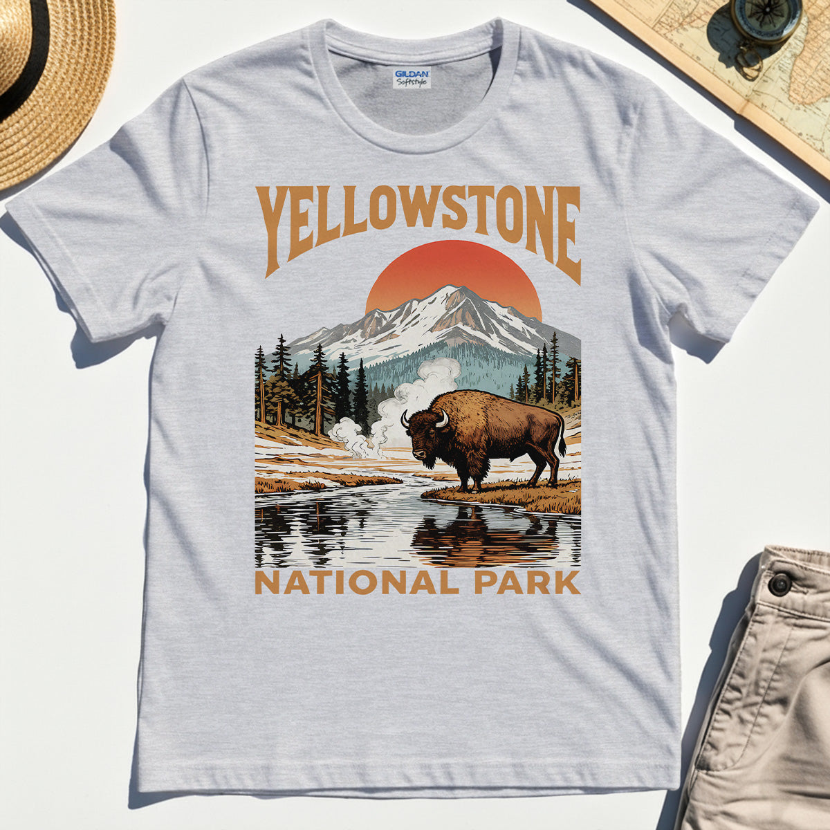Yellowstone National Park T-Shirt, Vintage Bison Sunset Mountain Shirt For Campers 5