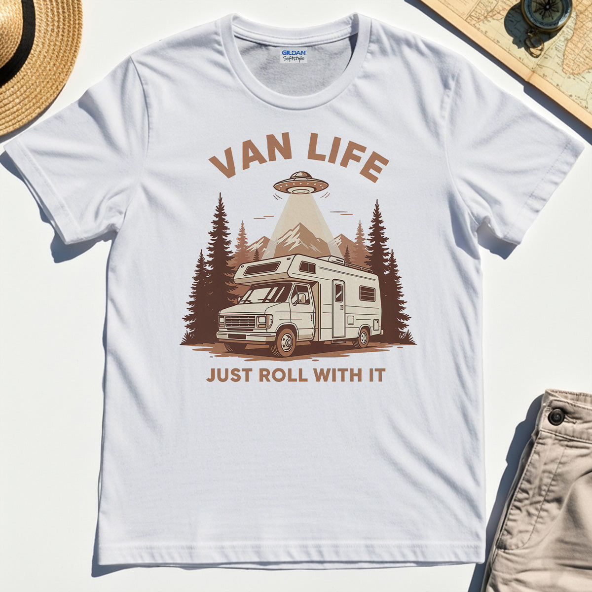 Just Roll With It T-Shirt, Retro Camper Van Adventure Shirt For Camping Lovers 8
