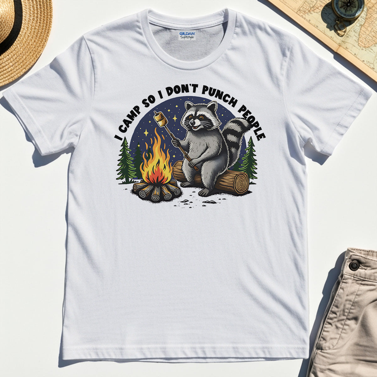 I Camp So I Don’t Punch People Shirt, Funny Raccoon Marshmallow Campfire Tee 8