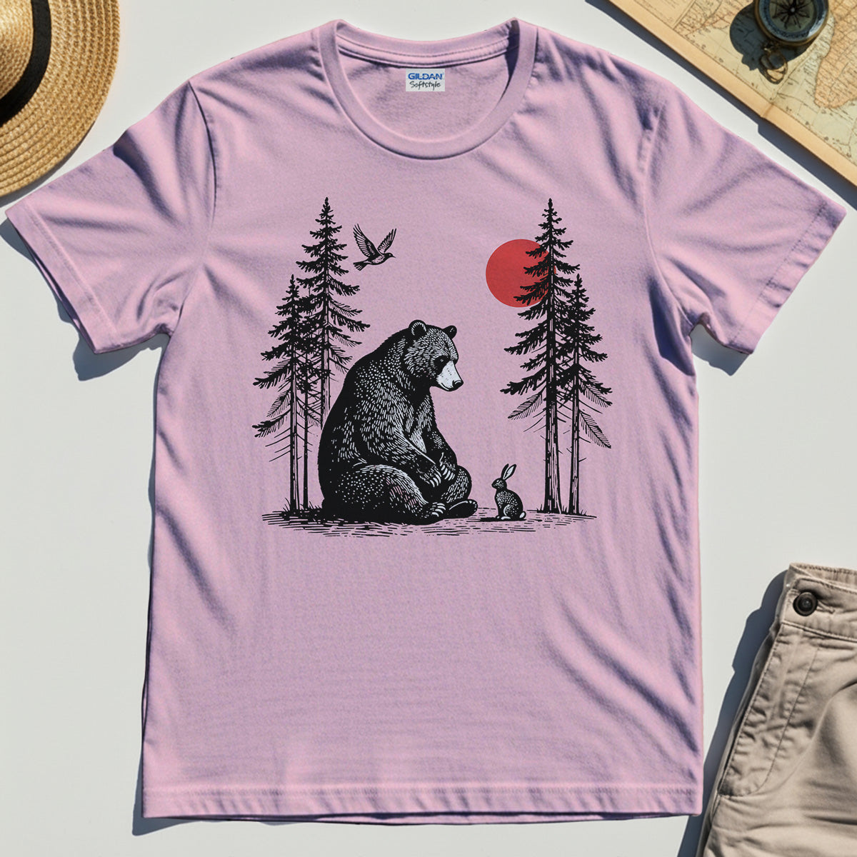 Bear and Bunny Under Red Sun Shirt, Vintage Forest Nature Graphic Tee, Wildlife Art T-Shirt For Outdoor Lovers 5