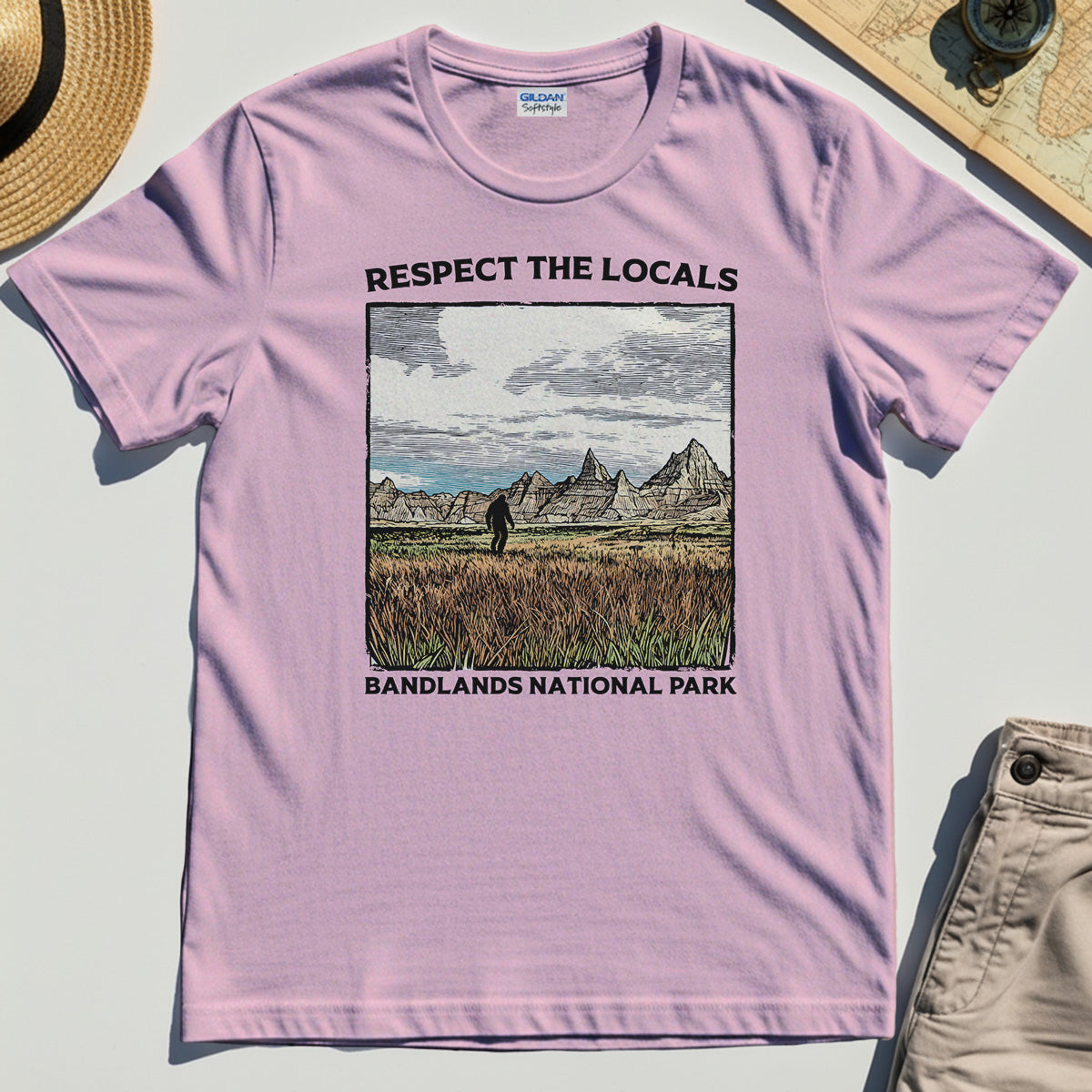 Sasquatch Respect The Locals T-Shirt, Bigfoot Hiking Through Badlands National Park Shirt 5
